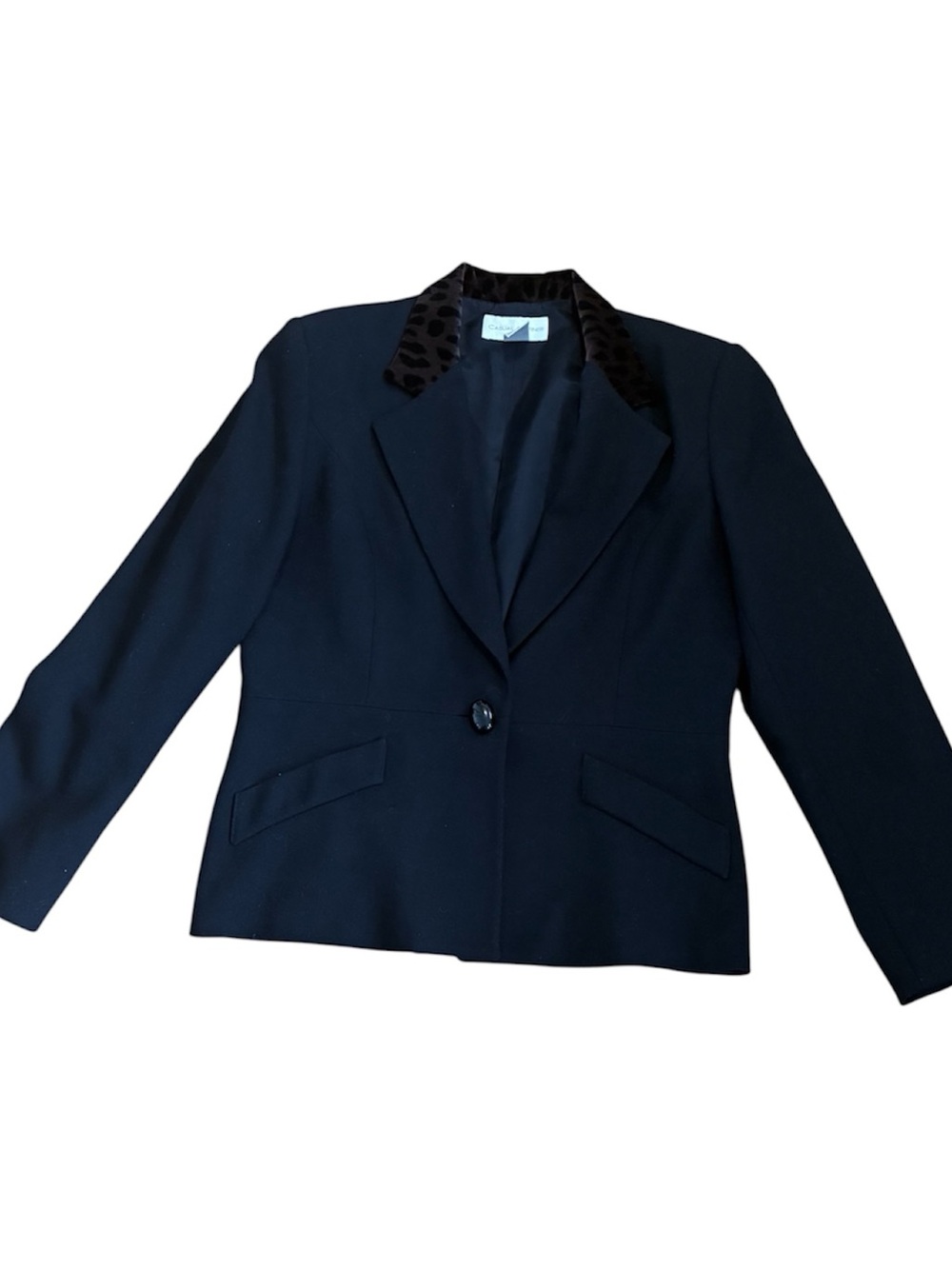 Vintage Casual Corner Black Womens Single-Button Blazer with Animal Print Collar
